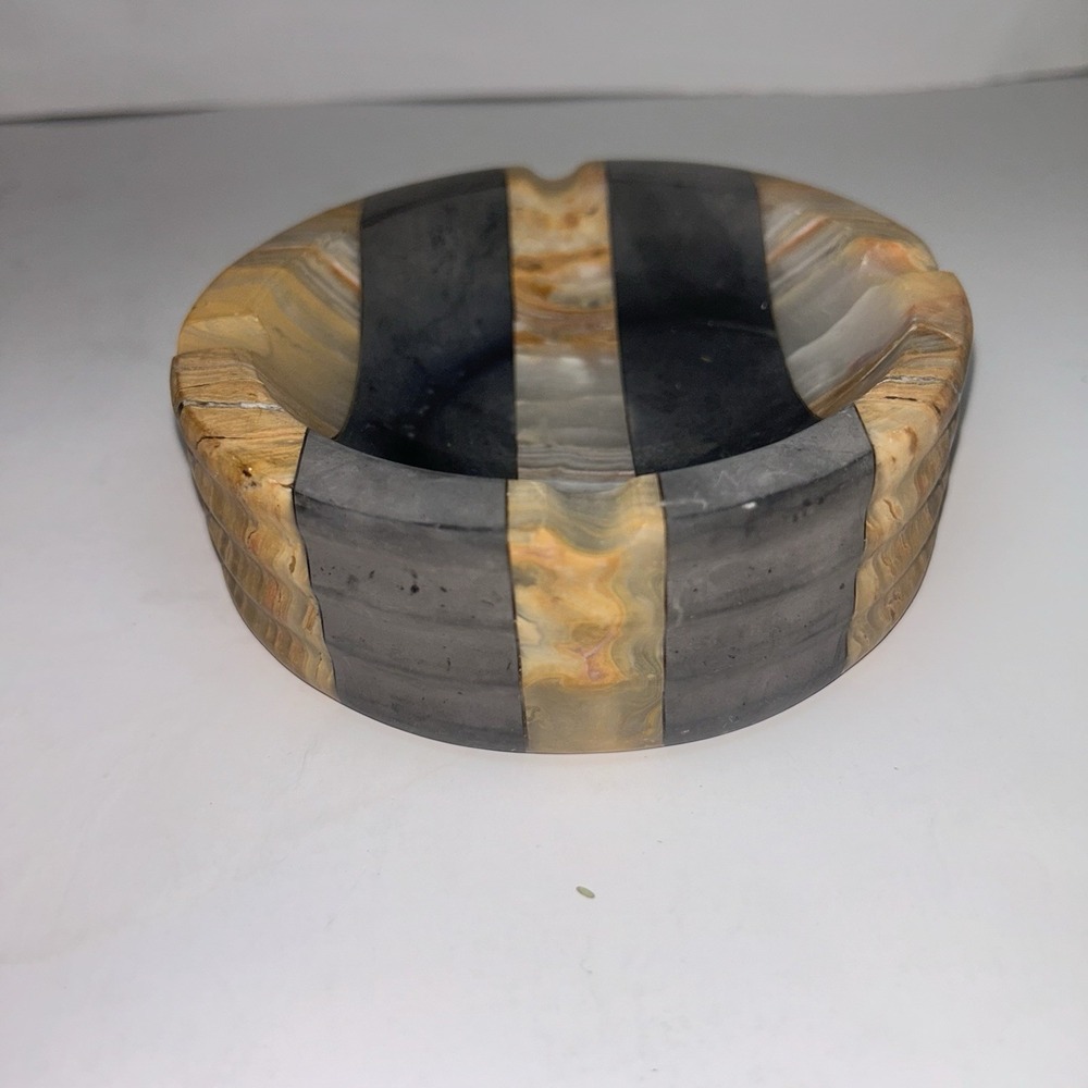 RARE Vintage Art Deco Ashtray Striped Pattern Marble Black Onyx